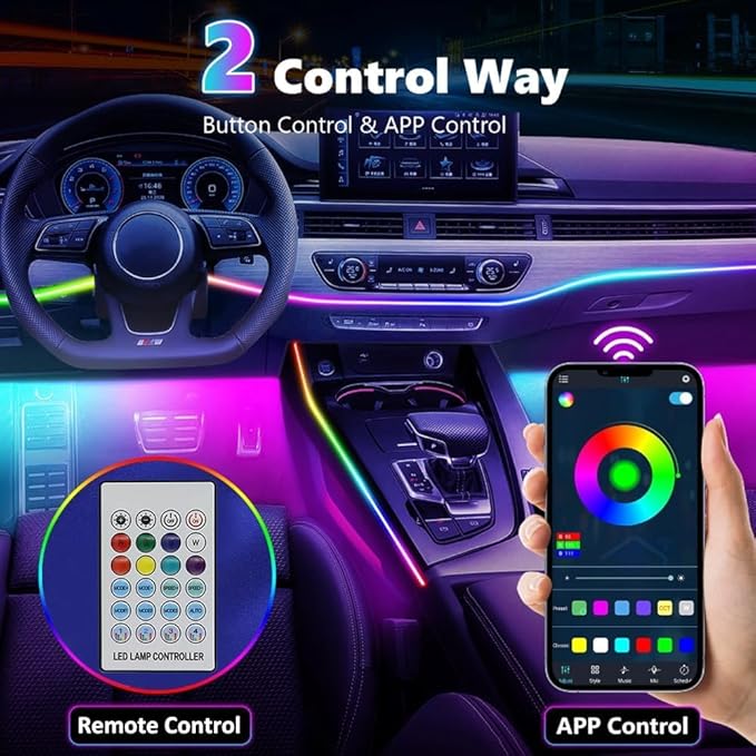 Acrylic Interior Car LED Strip Light with APP Remote Control,235 inches 8 in 1 RGB Dreamcolor Neon Flexible Strip Fiber Optic LED Ambient Lighting Kits,RGB Music Lights Sync for Inside car Decorations
