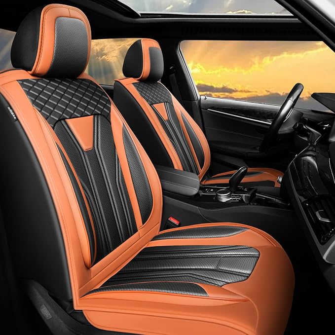 Fit Sentra Car Seat Covers Compatible with Nissan Sentra 2001-2025 2026 - Full Set Premium Leather， Waterproof Breathable， All-Weather Seat Cushion Protecto&Airbag Compatible （Orange&Black
