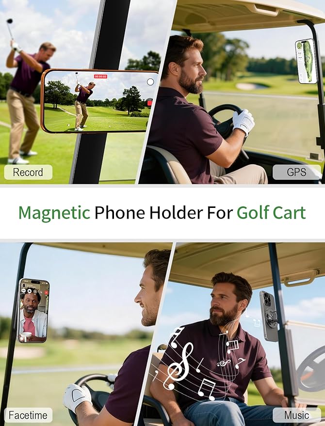 GBEAST Magnetic Golf Cart Phone Holder Compatible with MagSafe for iPhone 12-17 Series,360° Rotation Golf Accessories for Men Women,N52 Magnets Phone Mount for EZGO/Club Car/Yamaha, Ideal Golf Gifts
