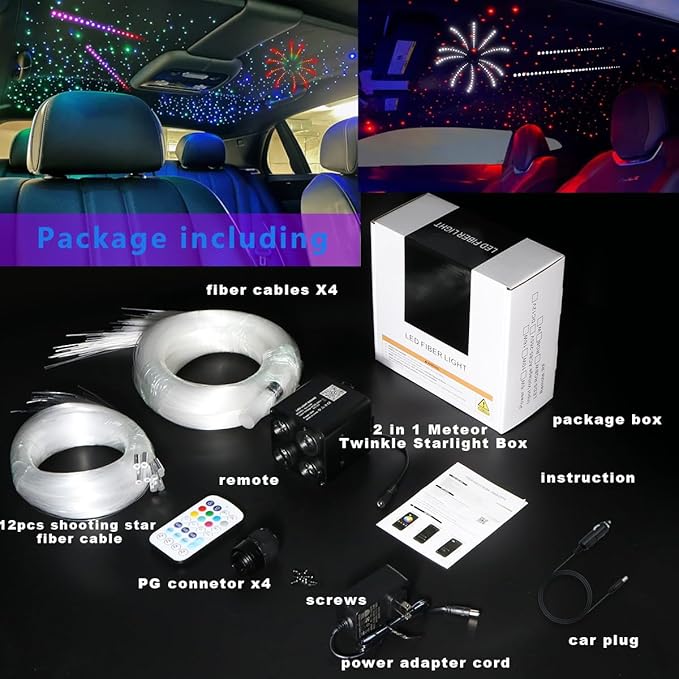 AZIMOM 4Colors 2 in 1 Meteor Twinkle Fiber Optic Starlight Headliner Kits 1200pcs 0.03in 13.1ft Fiber Strands,RGB Meteor Shooting Star 240pcs, Sound Remote APP Control Home Ceiling Car Headliner Decor