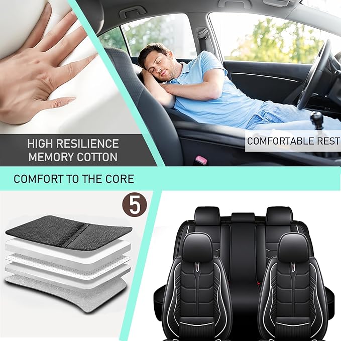 Leather Car Seat Covers Fit for Toyota Matrix 2003-2013, 5 Seater Car Seat Cover, Premium Waterproof, Scratch Resistant Car Interior Accessories (Full Set Black White)