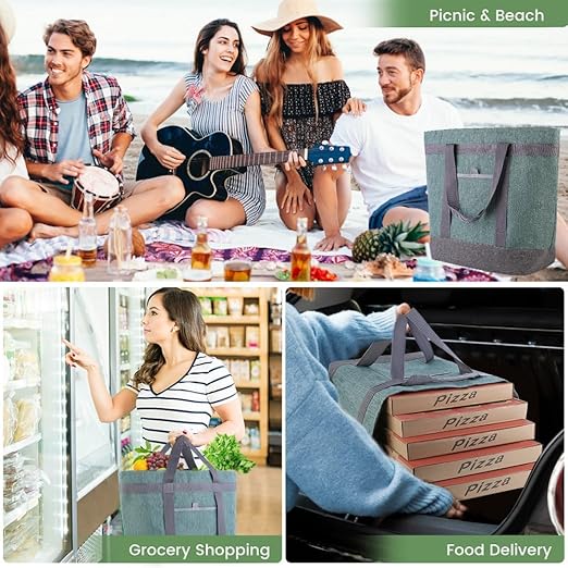 CIVJET Insulated Cooler Bag, 1PK Insulate Tote Bag for Grocery Shopping, Non-Waterproof Cooler Bags Insulated for Travel/Picnic, Pizza/Food Delivery Bag to Keep Food Cold/Hot (Cationic Cloth, Green)
