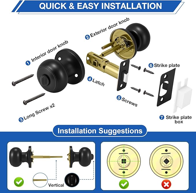 Plustool 5 Pack Matte Black Door Knobs, Privacy Door Knob with Lock, Interior Doorknobs with Round Ball, Keyless Door Lockset for Bedrooms Bathrooms