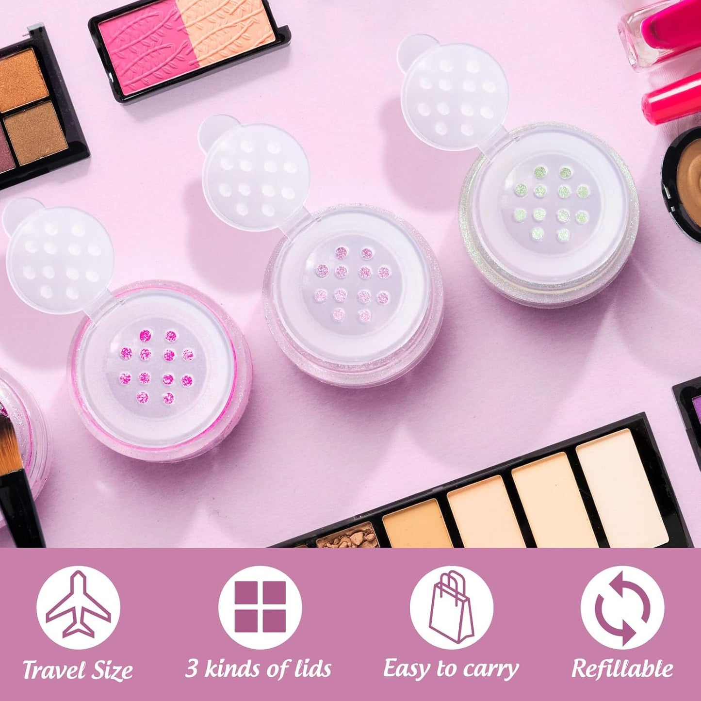 RAYNAG 6 Pieces Mini Empty Loose Powder Bottle Travel Cosmetic Glitter Powder Eye Shadow Shaker Bottle with Sifter and Lids (12 holes)