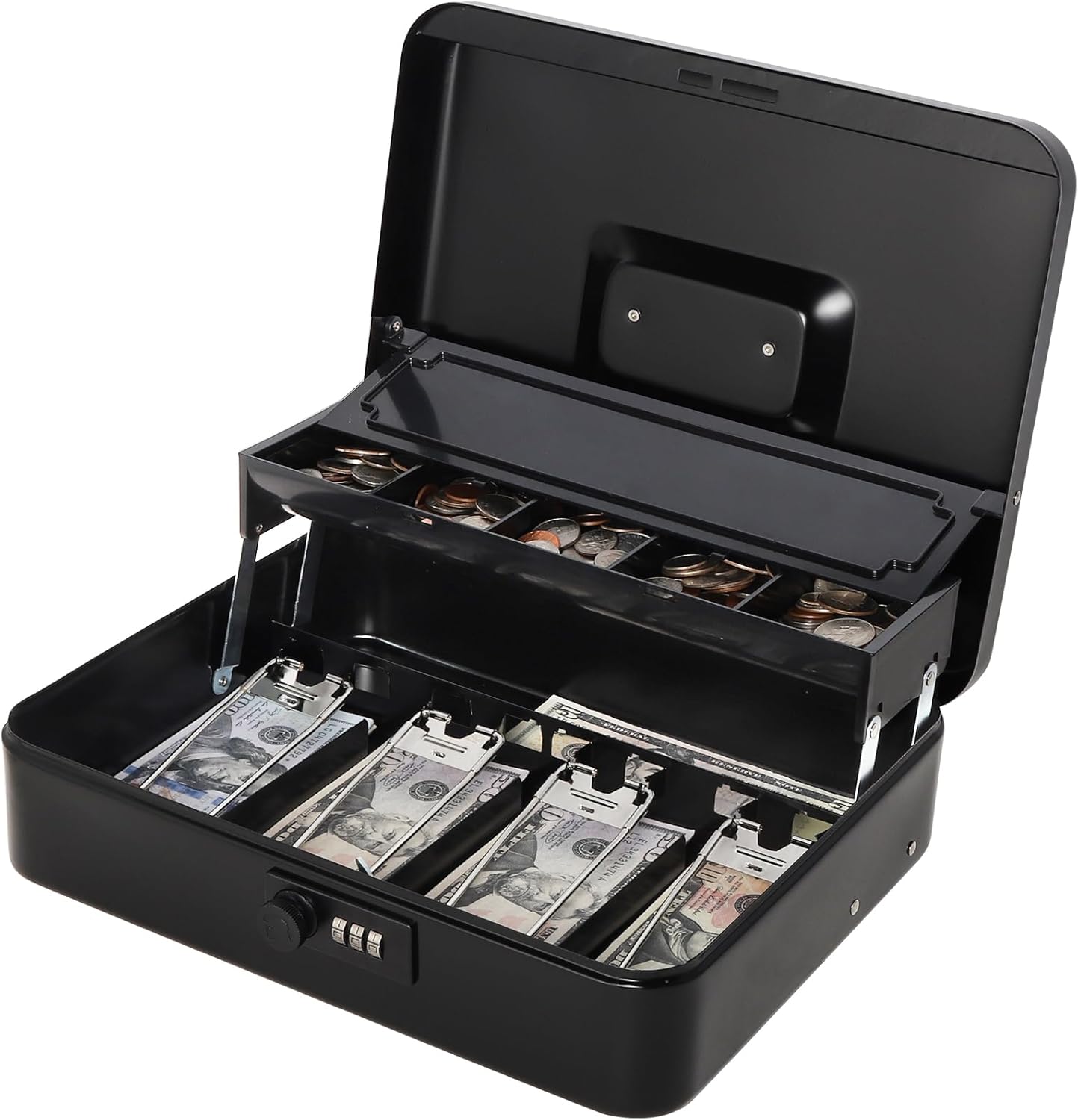 Jssmst Locking Metal Cash Box with Coin Lid, 11.8L x 9.5W x 3.5H Inches, Safe Money Box with Combination Lock, Black, SM-CB0512B
