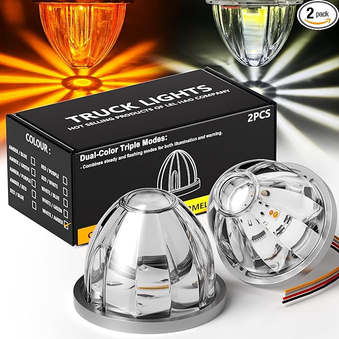 2-Pack Dual Color Watermelon Lights with Strobe & Steady Lighting, Clear Lens Amber/White LED Side Marker Turn Signal Lights for Truck Trailer RV Off-Road Vehicle