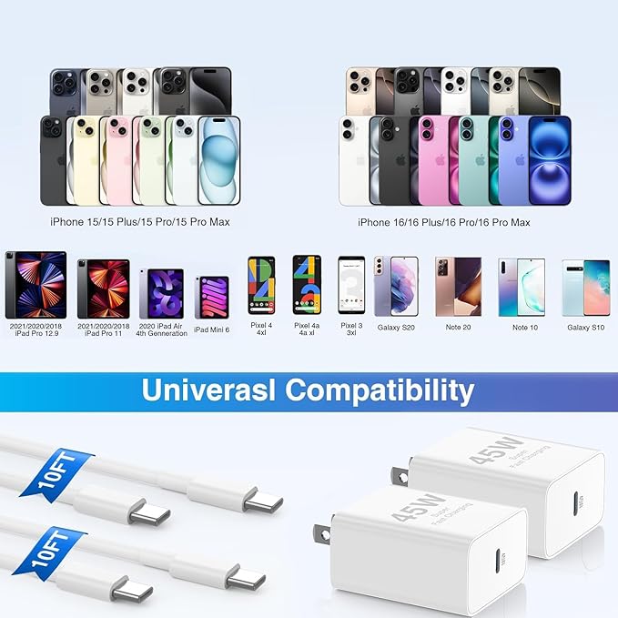 𝟐𝐏𝐚𝐜𝐤 𝟰𝟱𝗪 iPhone 17 16 15 Fast Charger,USB C Charging Block and 10ft Type C to C Cable Cord Long for Apple iPhone 17 Pro Max/17 Air/16 Pro/15 Plus/iPad/mini, Wall Plug Power Adapter Cube Brick