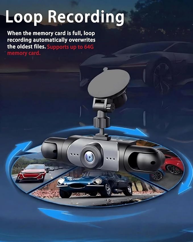 Car Dash Cam Front Rear 360 Full View 4K Dual Security 24HR Rechargeable 4 Channel Mirror Rearview Interior Auto Video On-Dash Mounted Driving Recorder Truck Electronics Accessory(64G)