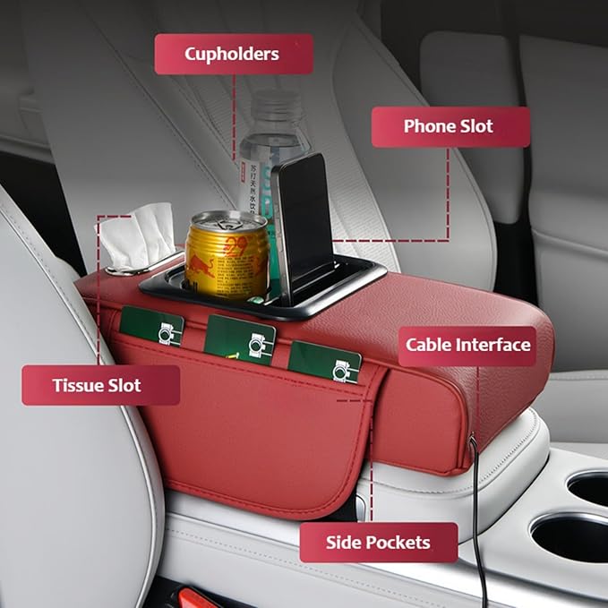 Armrest Box Pad for Car w/Type-C Charging Interface, Car Center Console Cover w/Cup Holder, Interior Car Accessories (Orange)