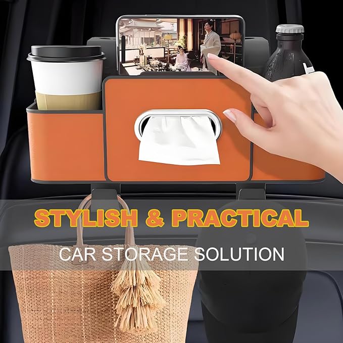 Car Back Seat Organizer, Multifunctional Car Seat Back Storage Box with 2 Cup Holders, Tissue Box for Hold Phones,Snacks, Drinks, Handbags (Brown)