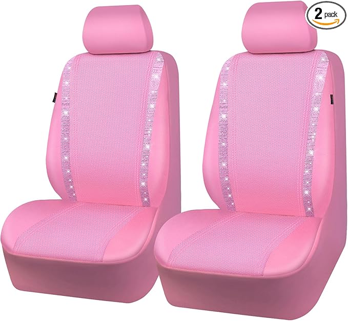 CAR PASS Bling Diamond Car Seat Covers, Shining Rhinestone Waterproof Faux Leather Pink Car Accessories Two Front Only Universal Fit Auto Glitter Crystal Sparkle Strips for Cute Women Girl, Pink