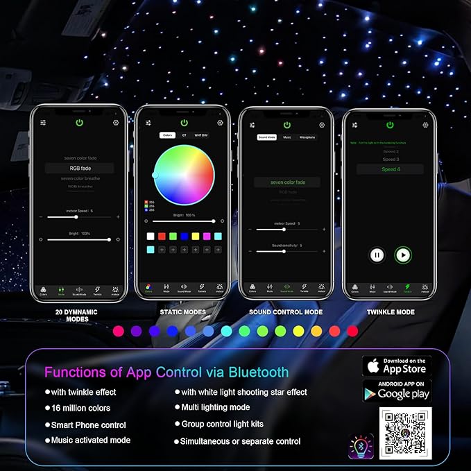 Small Size Car Twinkle Fiber Optic Starlight Headliner Kit, Sound-Activated APP& Remote Control Starlight Engine for Car Home, 200pcs 6.5ft