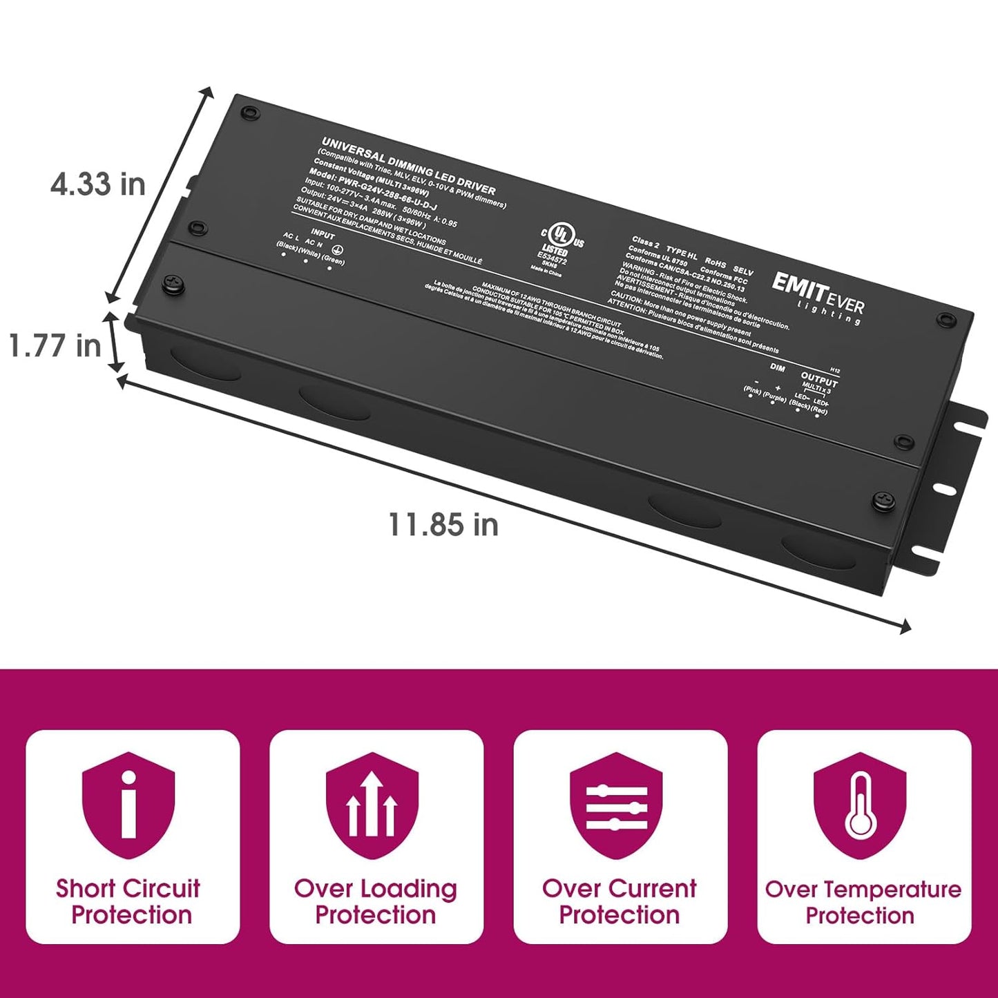 EMITEVER 288W Dimmable LED Driver, 24V 5-in-1 Dimmable Power Supply,3-Channels AC to DC Transformer for LED Light, Compatible with Lutron and Leviton Dimmer, Waterproof IP67 and UL Listed, Class 2
