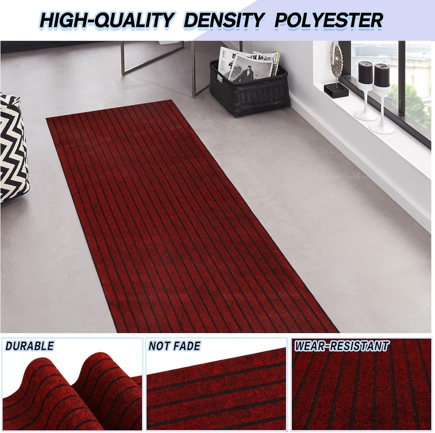 Custom Size Backed Non-Slip Area Rugs Runner, Easy Clean, Waterproof Runner Rugs for Hallway Entryway, Kitchen, Laundry, 3FT x 76FT, Red Stripe