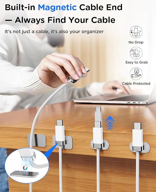 StayCable 5FT USB A to USB C Cable with Built-in Magnetic Holder for Nightstand, Desk and Car, 3A Fast Charging Anti-Fall Cord with 2 Adhesive Metal Plates, Braid Type-C Data Cable for iPhone 17
