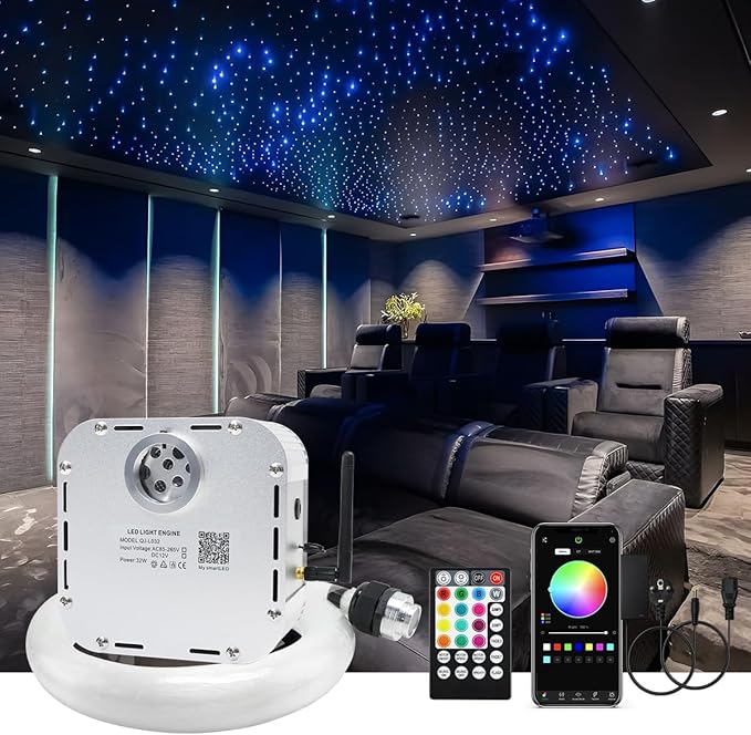 AMKI High Brightness 32W Twinkle 1000pcs Fiber Optic Starlight Headliner Kit 0.03in 13.1ft Fiber Strands RGBW Sound Activated APP Remote Control for Car Home Roof Ceiling Decoration