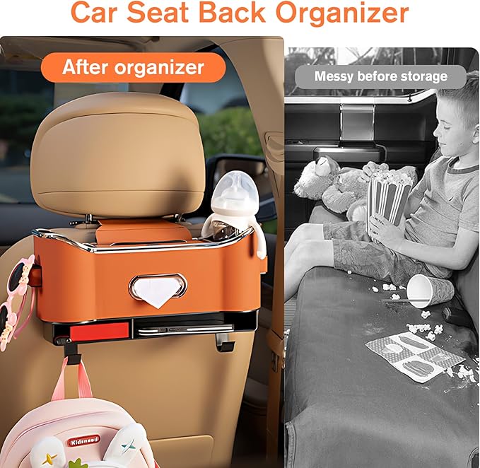 Multifunctional Car Seat Back Storage Box, Universal Car Seat Organizer, Car Seat Tissue Box and Organizer, Car Seat Paper Towel Organizer， Car Organizer with 2 Drink Cup Holders (Black)