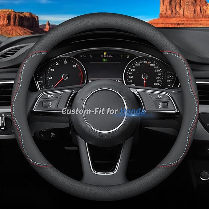 Custom-Fit Leather Car Steering Wheel Cover for Honda, A-Style, 3.5 Inches