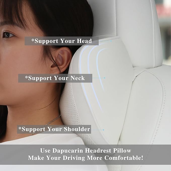 Car Headrest Pillow 100% Memory Foam, Breathable Removable Leather Cover, Premium Seat Support Head Neck Cushion for Driving Travel Home Office, White, 2 Pack