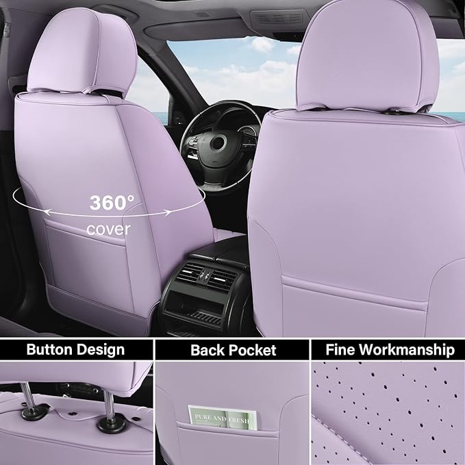 Coverado Seat Covers Front Seats, Purple Car Seat Cover with Lumbar Support, Waterproof Car Seat Cushion, Front Car Seat Covers Leatherette Car Seat Protector Universal Fit Most Cars