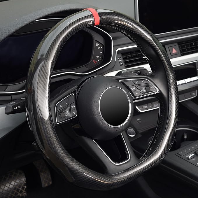 ZHOL Steering Wheel Cover Carbon Fiber, D Shaped Car Wheel Cover 14 1/2-15 in (37-39 cm), Black