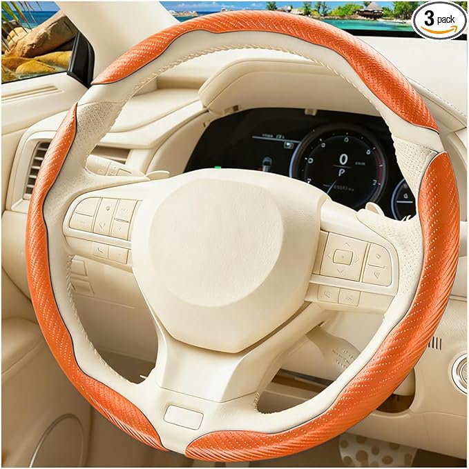 3PCS Carbon Fiber Car Steering Wheel Cover, Leather Segmented Anti-Skid Steering Wheel Protector, Snap on Automotive Interior Protection Accessories, Universal for Vehicles (Orange)