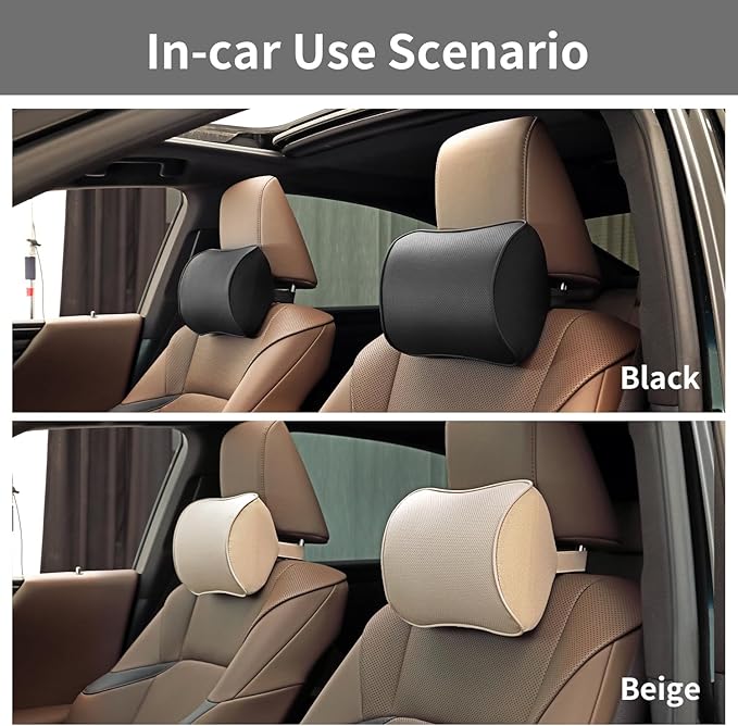 Car Headrest Pillow, Soft Memory Foam Car Neck Pillow with Adjustable Strap, Removable Breathable Cover for Long Drives & Office (Beige, Pack of 1)
