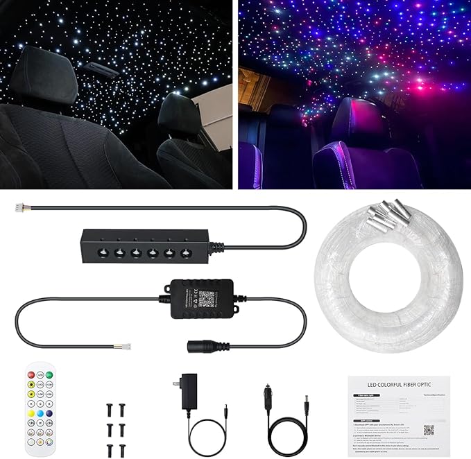 AZIMOM 6LED Colorful Fiber Optic Starlight Headliner Kits 240pcs*0.03in*9.8ft Fiber Strands APP& Remote Control Mix Color Chase Timing Fiber Optic Star Light for Car Home Sky Star Decoration