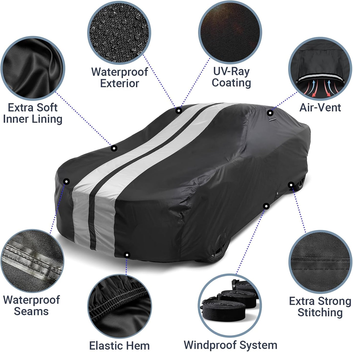 iCarCover Custom Car Cover for Pontiac Lemans 2-Door, 4-Door (1963-1969) Waterproof All-Weather Rain Snow UV Sun Protector Full Exterior Indoor Outdoor Car Cover (Stripe - Black/Gray)