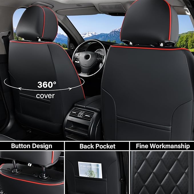 Coverado Seat Covers, Car Seat Cover Front Seats, 2-Pack Luxury Faux Leather Car Seat Covers, Waterproof Car Seat Protector, Black Seat Cover Front Seat Cover Universal Fit for Most Cars, Black&Red