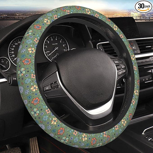 Sage Green Hippie Flower Auto Car Steering Wheel Cover Universal 15 Inch Neoprene Interior Decor Protection Accessories