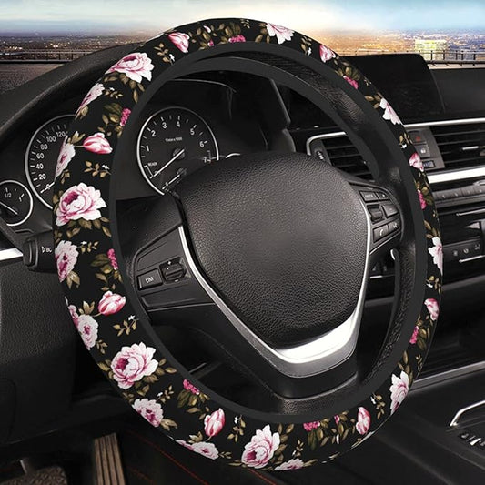 Peony Flower Steering Wheel Cover Women Men Elastic Stretch Soft Car Wheel Protector Universal Breathable No-Slip Car Accessories for Truck Van SUV Auto Fit 14-15 Inches