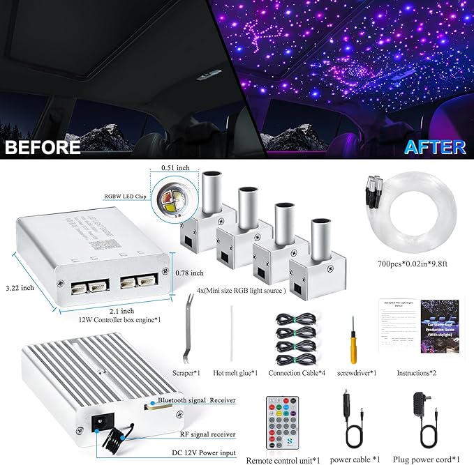 Split 4 Colors 12W Car Starlight Headliner Kit 700pcs*0.02in*9.8ft with APP&RF Remote,RGBW Fiber Optic Strands Star Roof Lights,4 Port Engine Sound Activated Star Ceiling Lights for Car/Home Decor