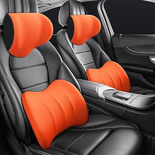 Car Headrest & Lumbar Support Cushion for Dodge Ram 1500 2019-2025, Ergonomic Car Seat Headrest Memory Foam Neck and Back Pillow Kit Breathable Removable for Driving Fatigue Relief,E/Orange