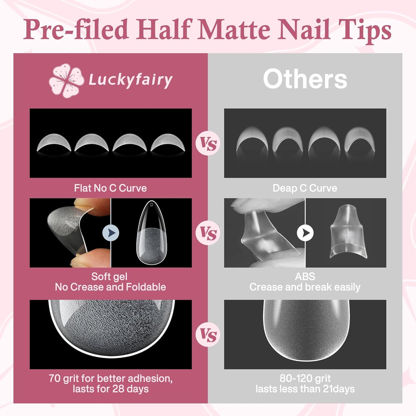 Medium Almond Nail Tips, 504pcs Soft Gel Pre-Filed Acrylic Almond Fake Nails, Half Matte Full Cover Clear Press on Flase Nail Tips for Nail Extension Home DIY 12 Sizes