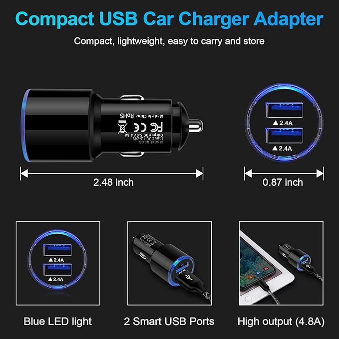 Car Charger, 3Pack 4.8A Rapid Car Phone Charger - USB Cigarette Lighter for iPhone 15 14 13 12 11 Pro Max SE XR XS X 8 7 6, Samsung Galaxy S23 S22 S21 S20 A13 A32 S10 S9 S8 S7, Android