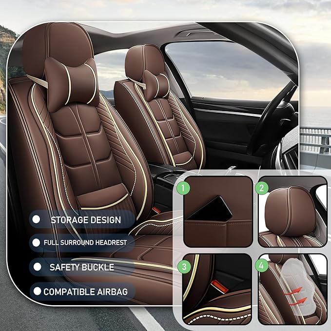 Leather Car Seat Covers Fit for Toyota Corolla Hybrid 2020-2024, 5 Seater Car Seat Cover, Premium Waterproof, Scratch Resistant Car Interior Accessories (Full Set with Pillow Coffee)