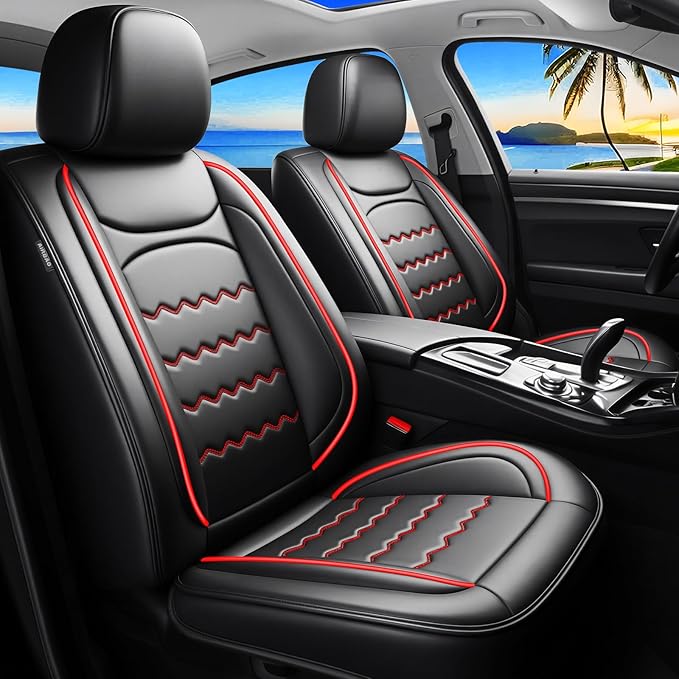 CX-90 Car Seat Covers Fit for Mazda CX-90 2007-2026, Full Coverage Premium Leather Waterproof Breathable Seat Covers, Automotive Seat Protectors, Airbag Compatible(2 Front Seats, Black & Red)