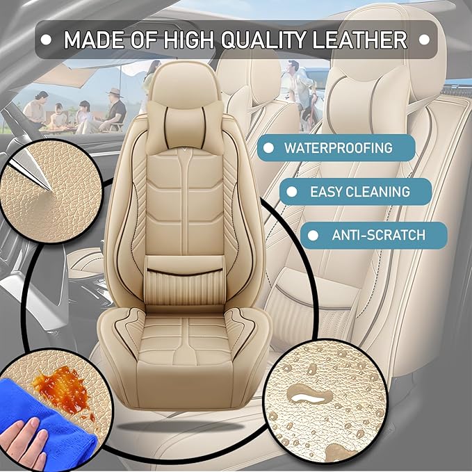 Leather Car Seat Covers Fit for Toyota RAV4 EV 2012-2013, 5 Seater Car Seat Cover, Premium Waterproof, Scratch Resistant Car Interior Accessories (Full Set with Pillow Beige)