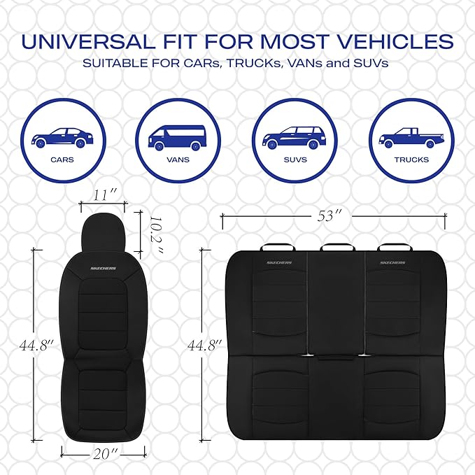 Skechers Memory Foam Seat Covers,Thick Cool Touch Fabric Car Seat Covers,Seat Cover Full Set Airbag Compatible,Automotive Comfort Protection for Most Cars,Vans,Trucks,SUV,Black