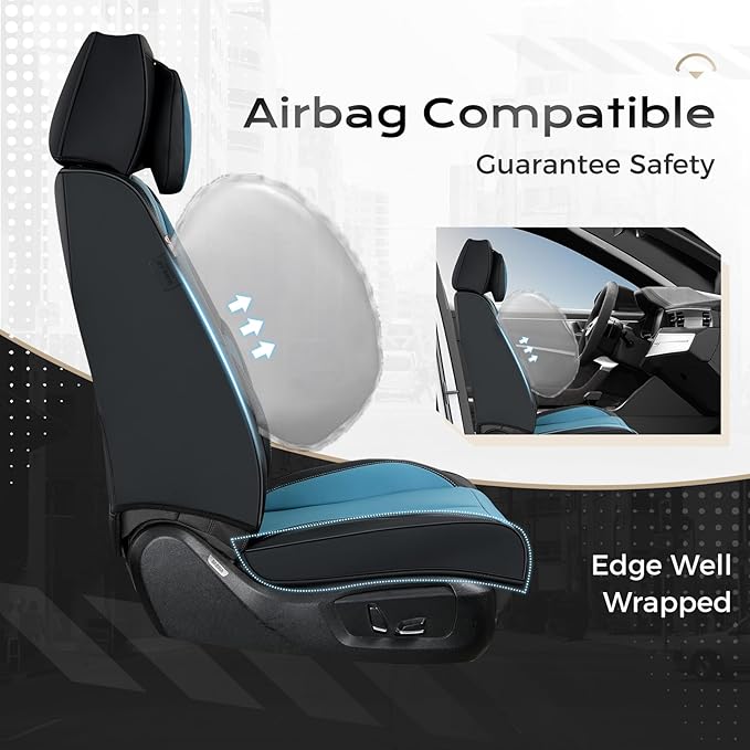 Coverado Seat Covers Full Set, 5 Seats Seat Covers for Cars, Waterproof Nappa Leather Car Seat Covers with Head Pillow, Seat Protectors Car Seat Cushion Universal Fit for Most Cars (Black&Blue)
