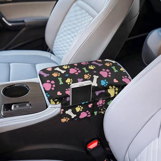 Dreaweet Colorful Dog Paw Center Console Cover for Car Thick Arm Rest Cover Pad Cute Car Armrest Cushion with Pockets Scratch Proof Universal Fit for SUV Sedan Truck