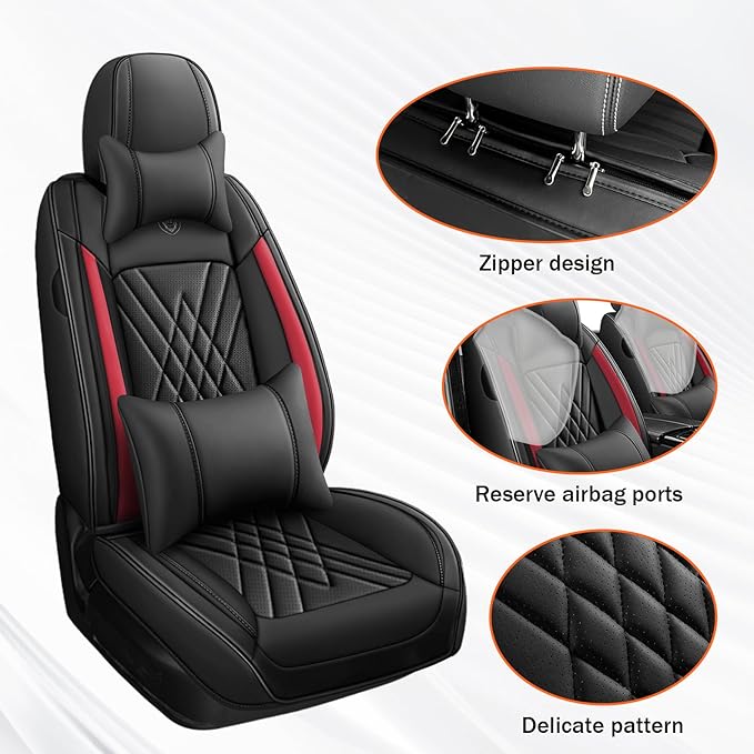 Car Seat Covers Compatible with Toyota Camry 2012-2026 Durable Waterproof Automotive Seat Covers Stretchable Fabric Material,Airbag Compatibility,Premium Nappa Leather(Black Red,Full Set with Pillow)