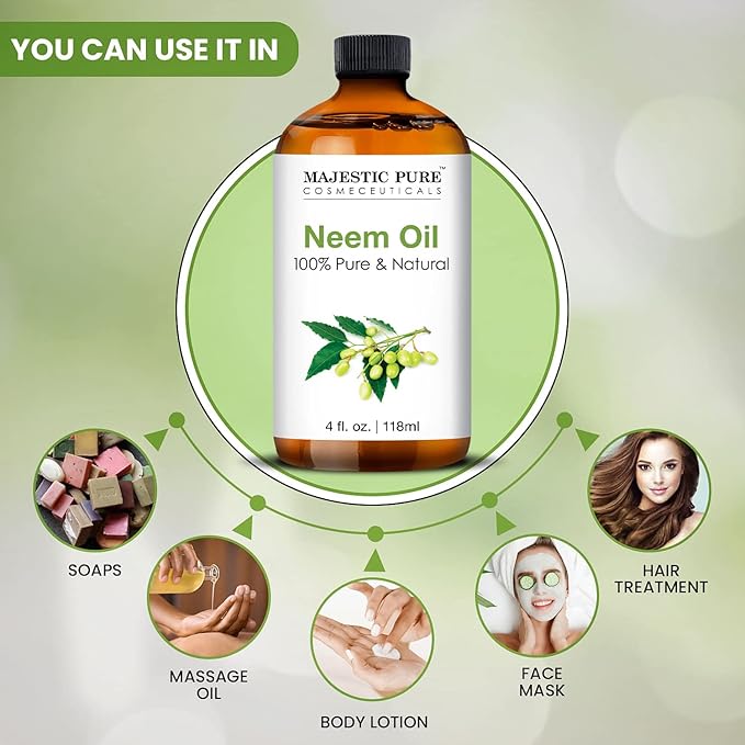 Majestic Pure Neem Oil Spray for Plants and Essential Oils Mixing, 100% Pure Cold Pressed, Safe for Dogs, Great for Skin/Hair Care, Massage Oil, Nails, Acne & Moisturizer for Dry Skin, 4 Fl Oz