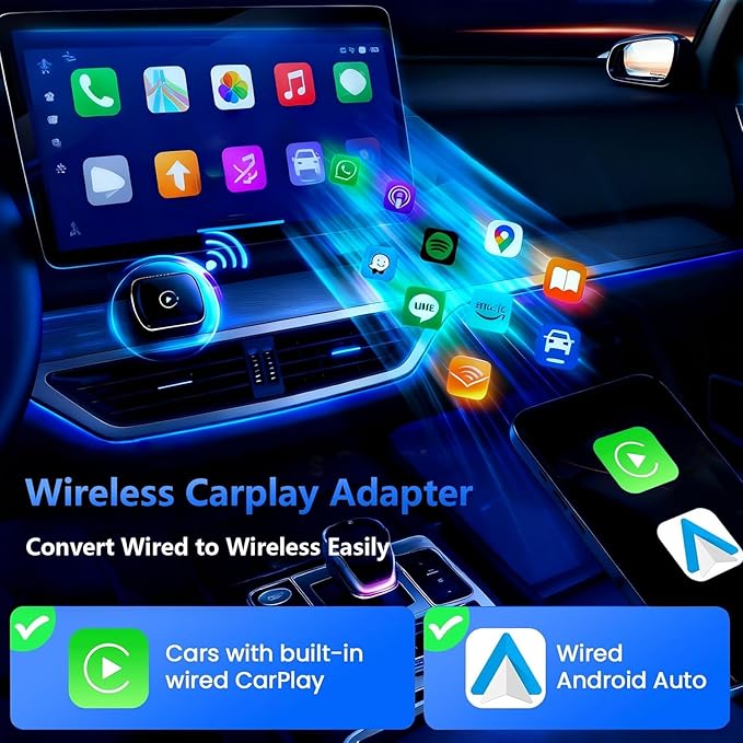 26Upgrade Wireless CarPlay Adapter & Android Auto, 2-in-1 CarPlay Adapter Convert Wired to Wireless, Mini Size with USB A & USB-C Extension Cable, Plug & Play, Stable Connection & No Delay (Black-2.0)