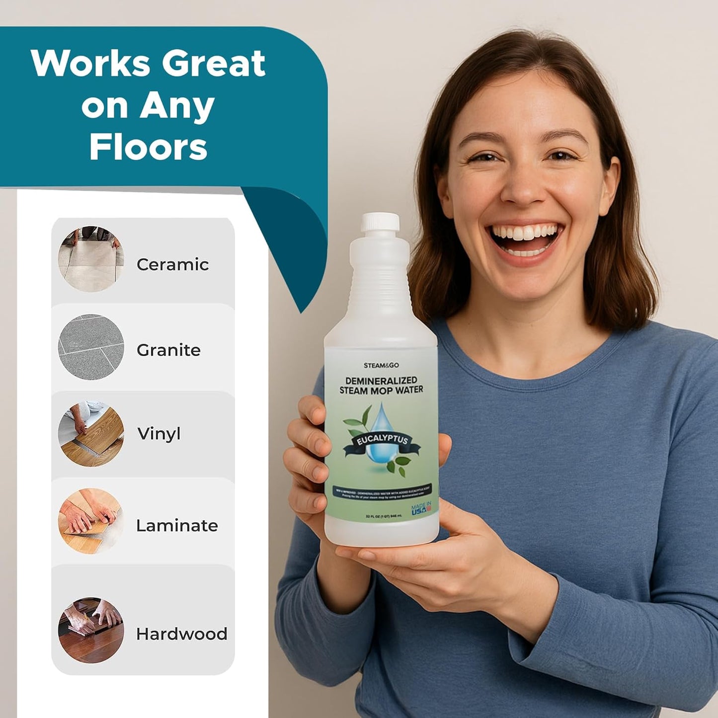 Steam & Go Demineralized Water for Steam Cleaner, PVC-Free Floor Cleaning Liquid Compatible With Any Steam Mop, Ready-to-Use Multisurface Cleaner, Scented, Eucalyptus Mint, 32 oz, Pack of 6