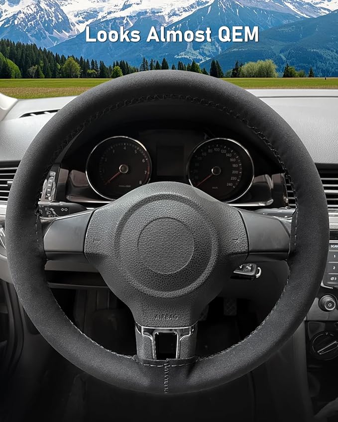 Belinous Suede Leather Steering Wheel Cover, DIY Stitch-On Steering Wheel Wrap with Needle & Thread, Non-Slip & Sweat-Absorbing, Universal Fit for 13.75-16 Inch (Size M3, Black)
