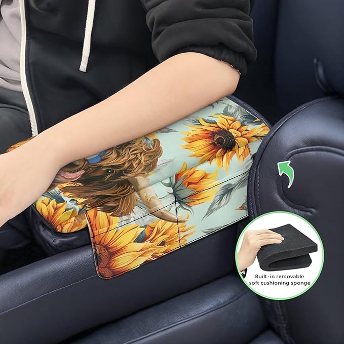 Dreaweet Sunflower Highland Cow Arm Rest Cover for Car Women Thick Center Console Cover with Pockets Soft Comfortable Car Armrest Cushion Universal Console Covers for SUV Trucks