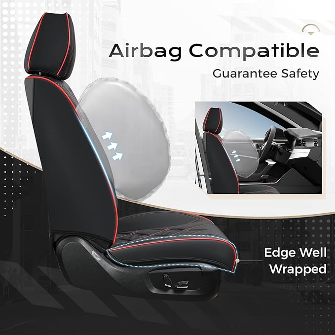 Coverado Car Seat Covers, Front Covers for Cars, Car Seat Cover Front Seats, Automotive Seat Cover, Waterproof, Leather Car Seat Cushion, Universal Interior Seat Protectors for Most Cars Black-Redline