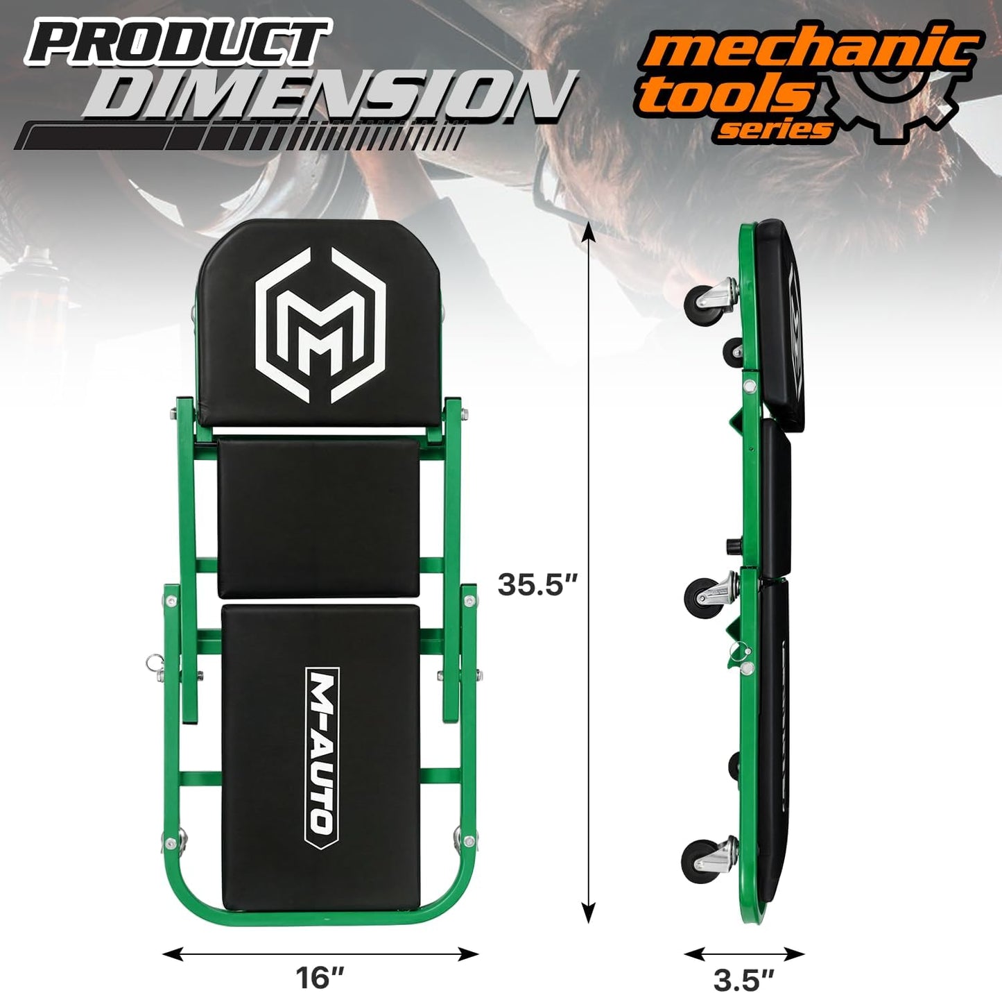 M-AUTO Foldable Z Creeper 2-in-1 Rolling Folding Car Creeper & Seat, 36" Adjustable Roller Garage Chair Lay Down or Sit, 330LBS Capacity Under Car Roller Creeper with 6 Swivel Casters, Green